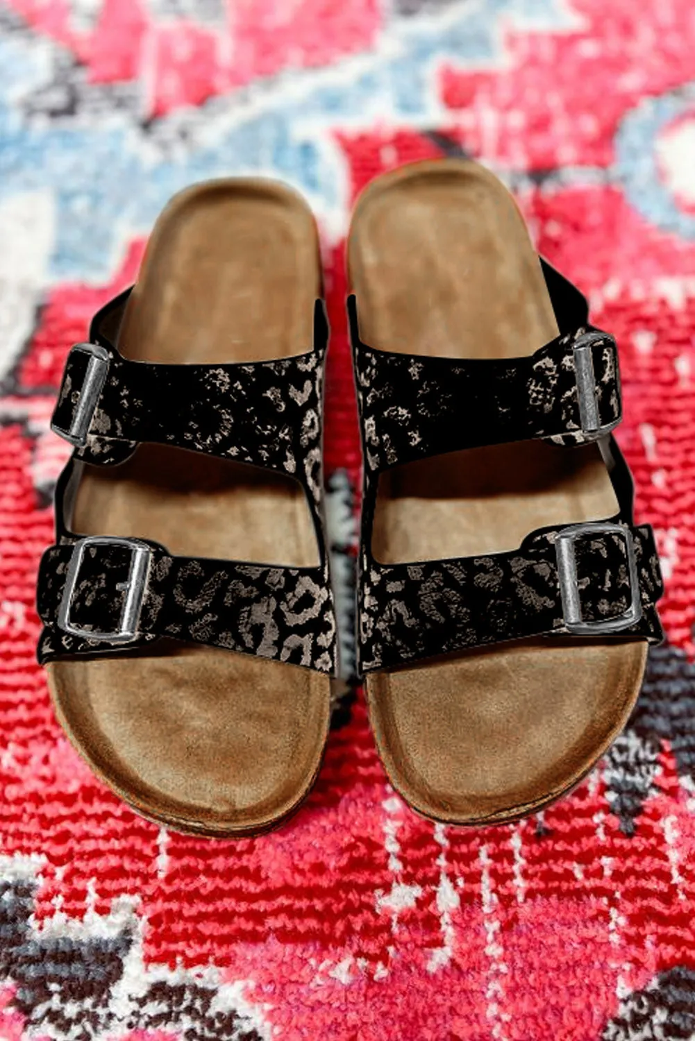 PU Leather Leopard Square Buckle Slippers Double Straps Casual Sandals